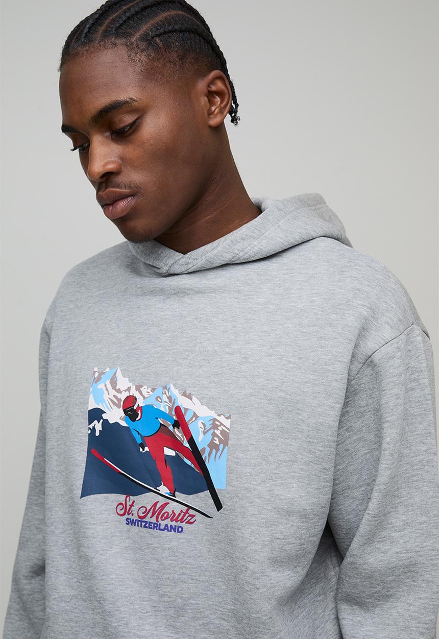 boohooMAN - Oversized Boxy Ski Graphic Hoodie - Grey Marl