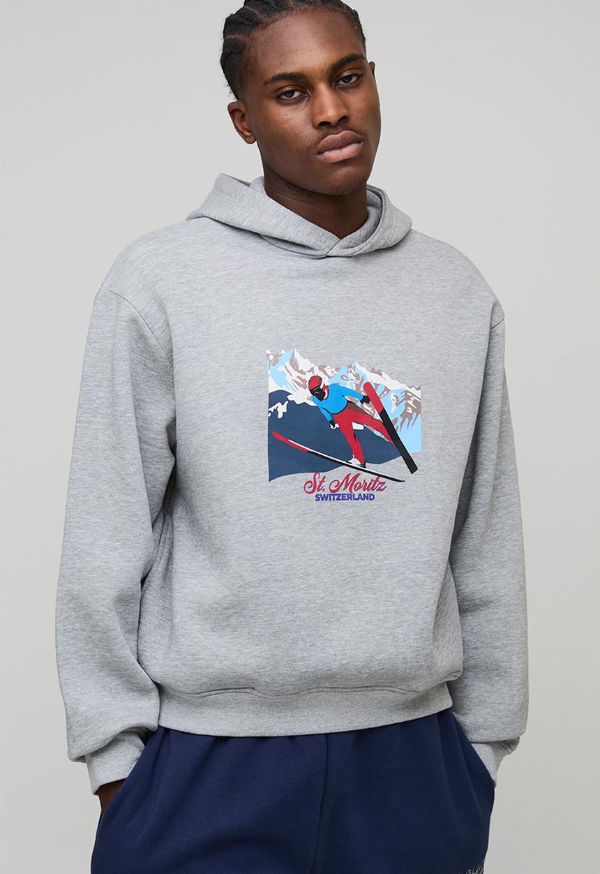 Oversized Boxy Ski Graphic Hoodie-Grey Marl