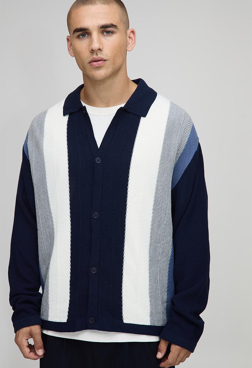 boohooMAN - Oversized Boxy Colour Block Knitted Long Sleeve Shirt - Navy