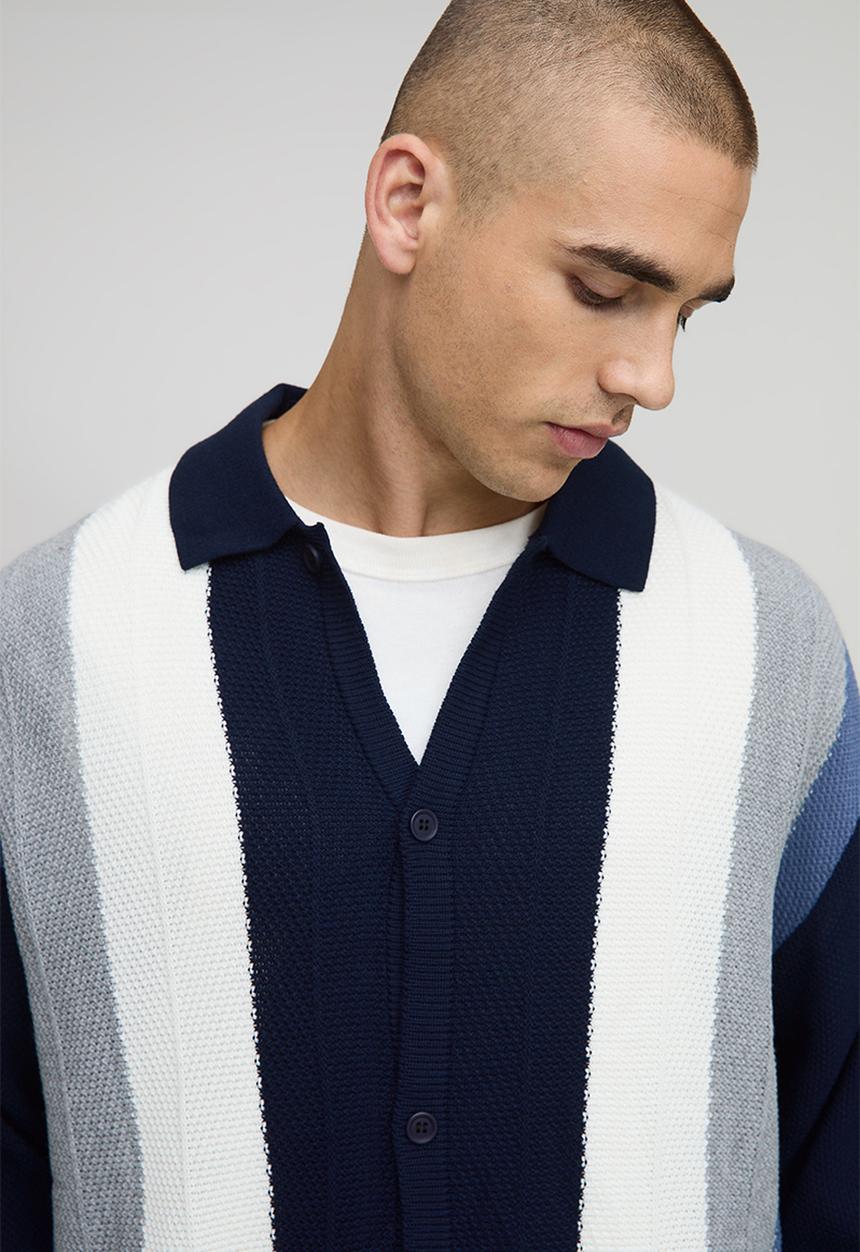 boohooMAN - Oversized Boxy Colour Block Knitted Long Sleeve Shirt - Navy