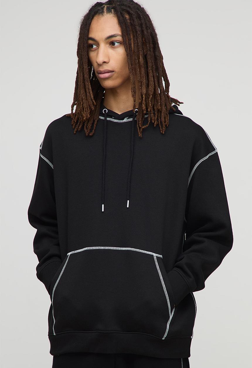 boohooMAN - Oversized Contrast Stitch Hoodie - Black
