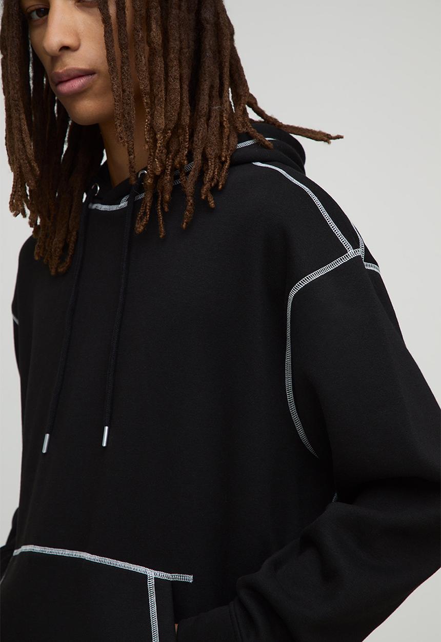 boohooMAN - Oversized Contrast Stitch Hoodie - Black
