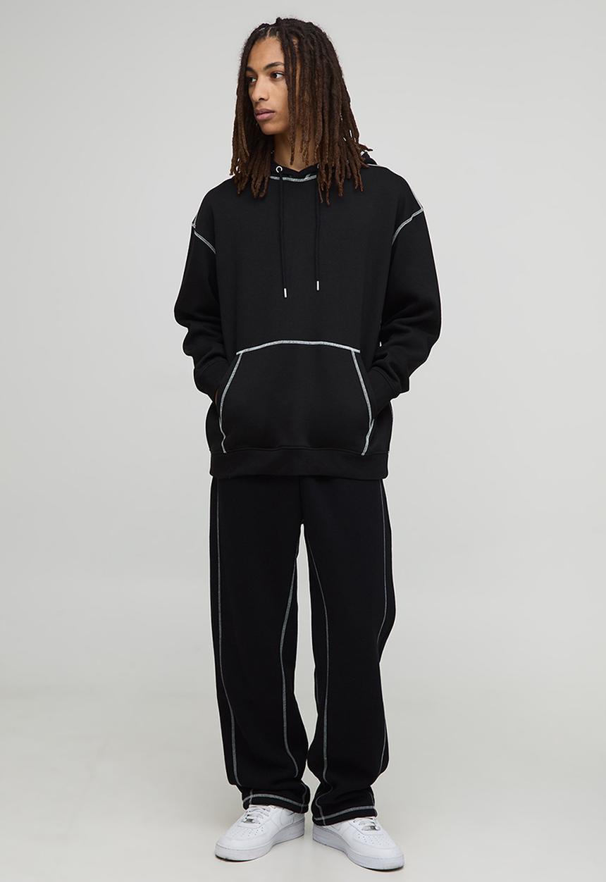boohooMAN - Oversized Contrast Stitch Hoodie - Black