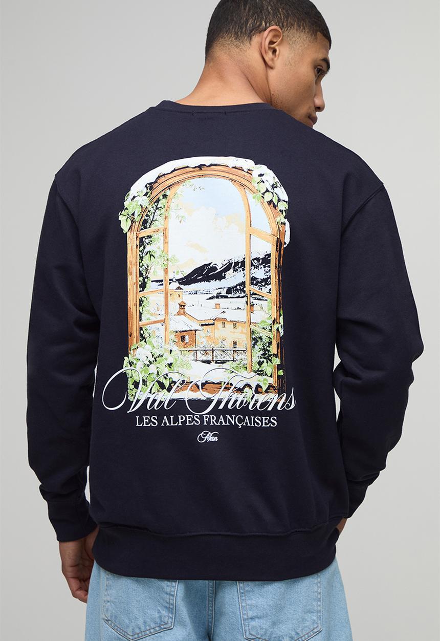 boohooMAN - Navy Relaxed Fit Chalet Landscape Printed Sweatshirt - Navy