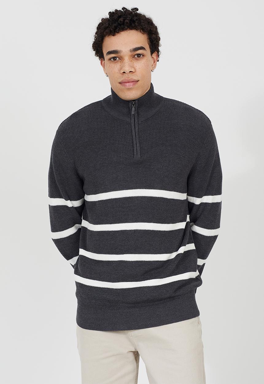 Brave Soul - 1/4 Zip Finnel - Dark Charcoal Marl /Optic White