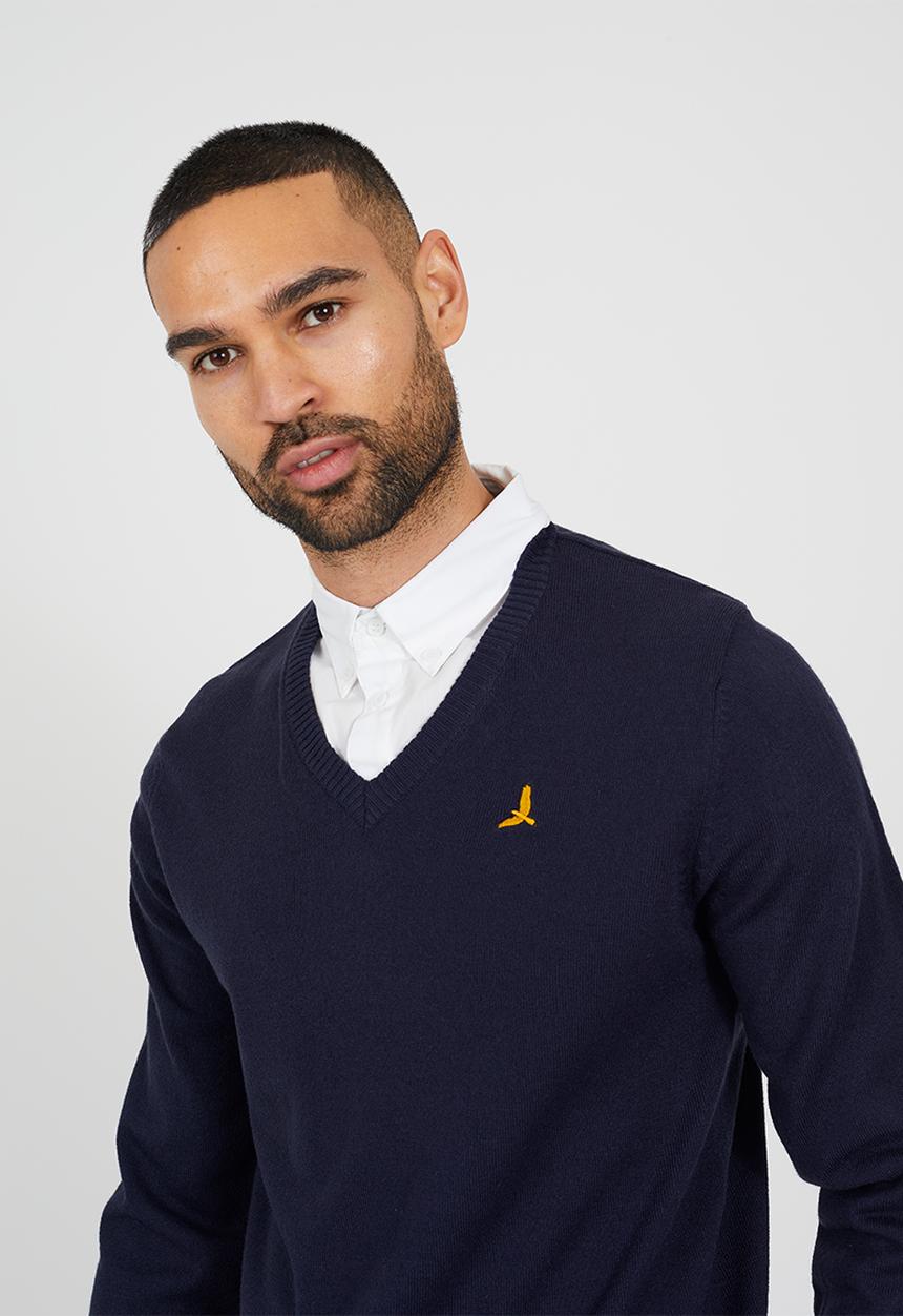 Brave Soul - V-Neck Knitted Jumper - Midnight Navy/Optic White
