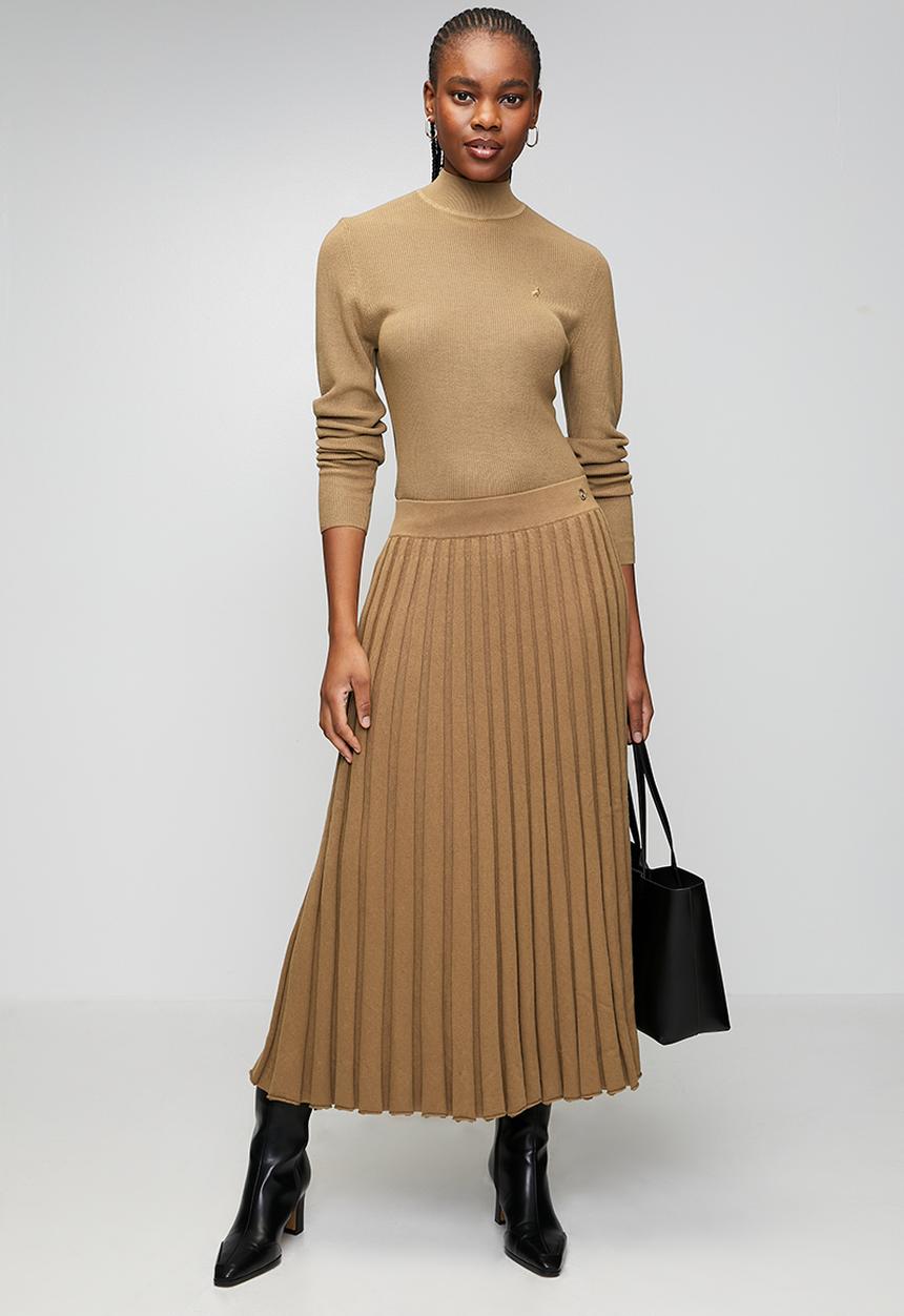 POLO - Wmn Nora Knit Pleated Skirt - Camel