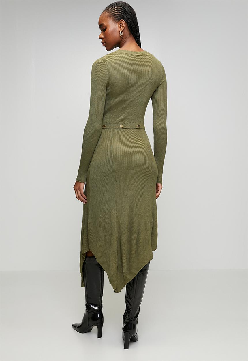 Trendyol - Midi Knitwear Snap Detail Long Dress - Khaki