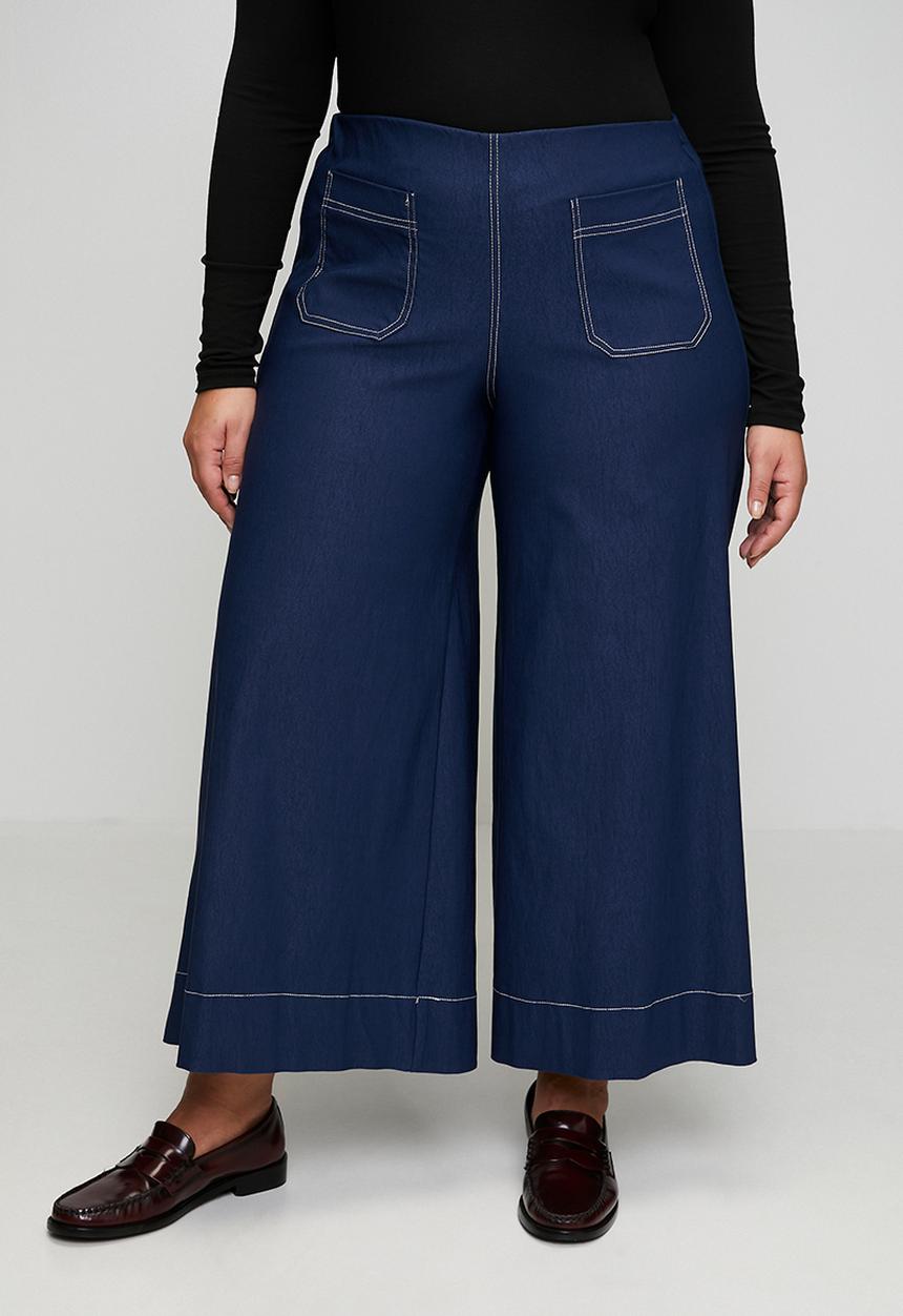 Me&B - Plus Stretch Wide Leg Cropped Pants - Navy