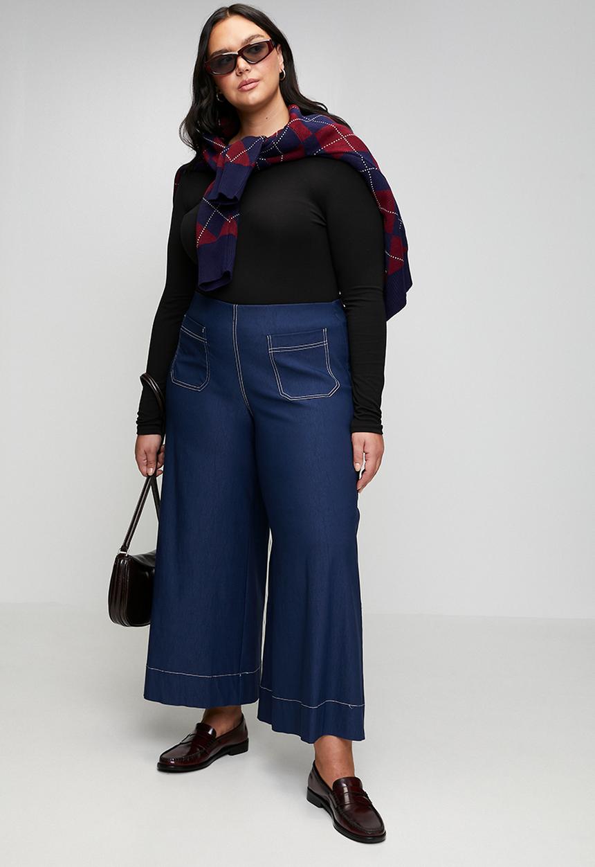 Me&B - Plus Stretch Wide Leg Cropped Pants - Navy