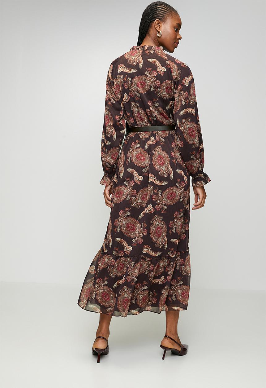 Trendyol - Lined Shawl Pattern Woven Chiffon Dress - Brown
