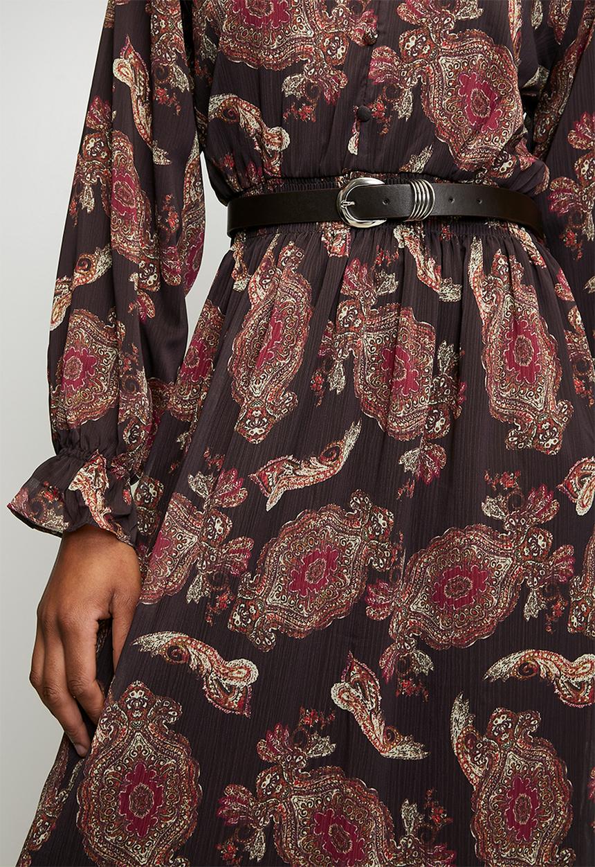 Trendyol - Lined Shawl Pattern Woven Chiffon Dress - Brown