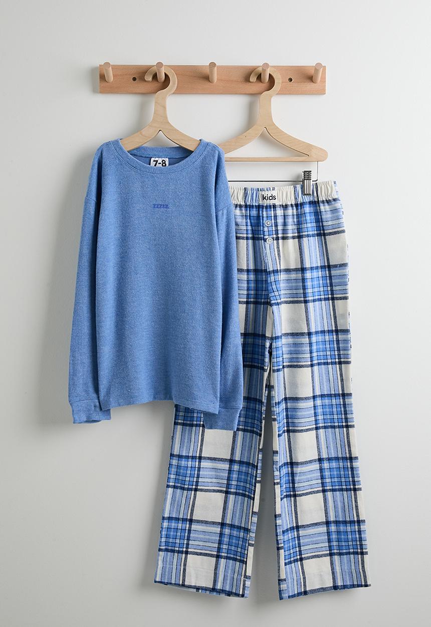 Cotton On - Cuddlecosy Long Sleeve And Sleepover Pyjama Pant - Dawn Blue Marle/Blue Bonnet Check