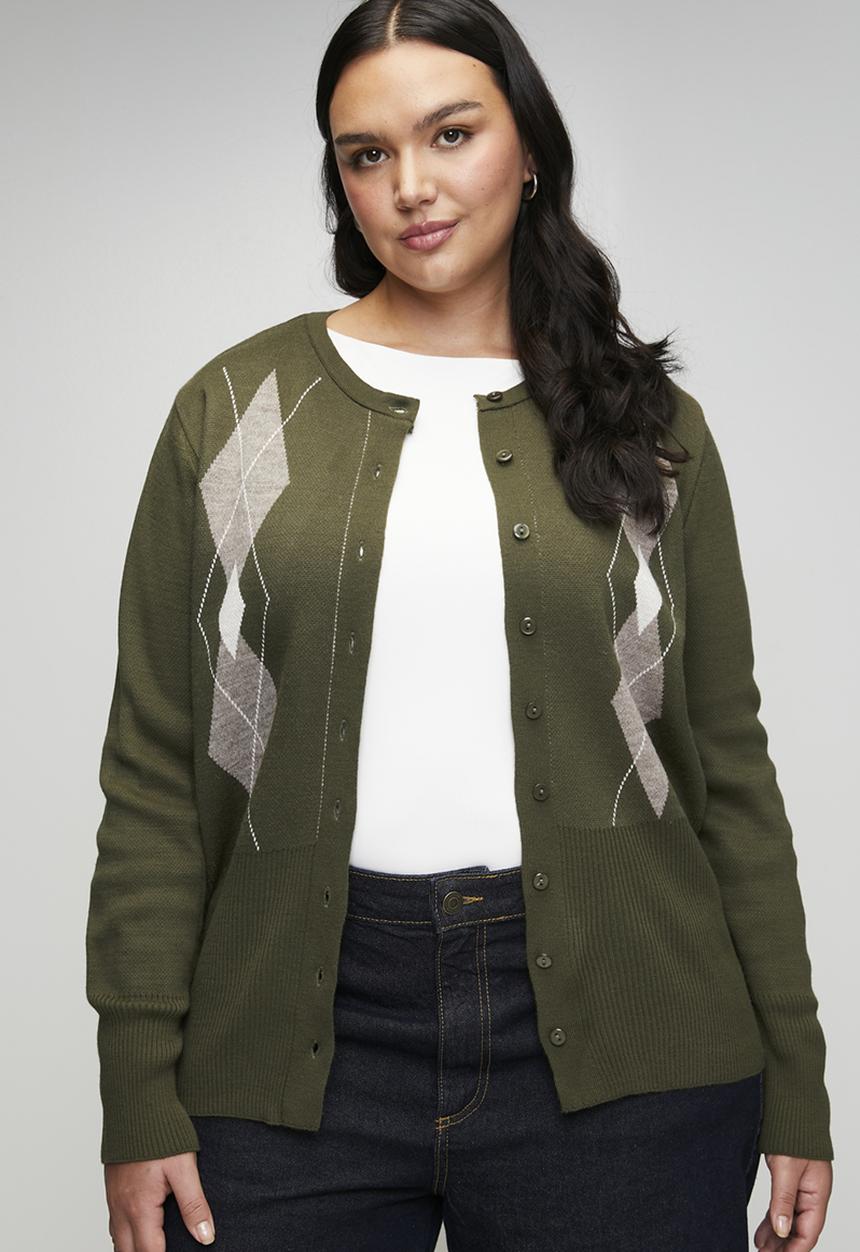 Trendyol - Plus Baklava Patterned Cardigan - Khaki