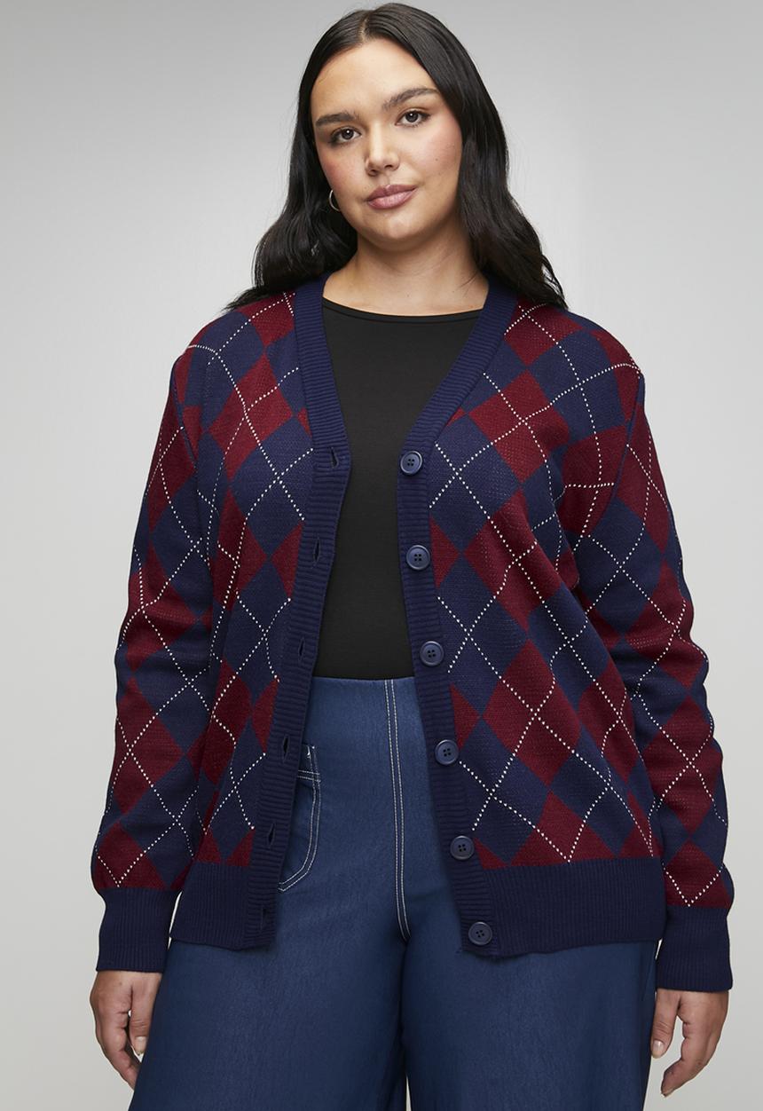 Trendyol - Diamond Patterned V-Neck Knitwear Cardigan - Navy Blue & Burgundy