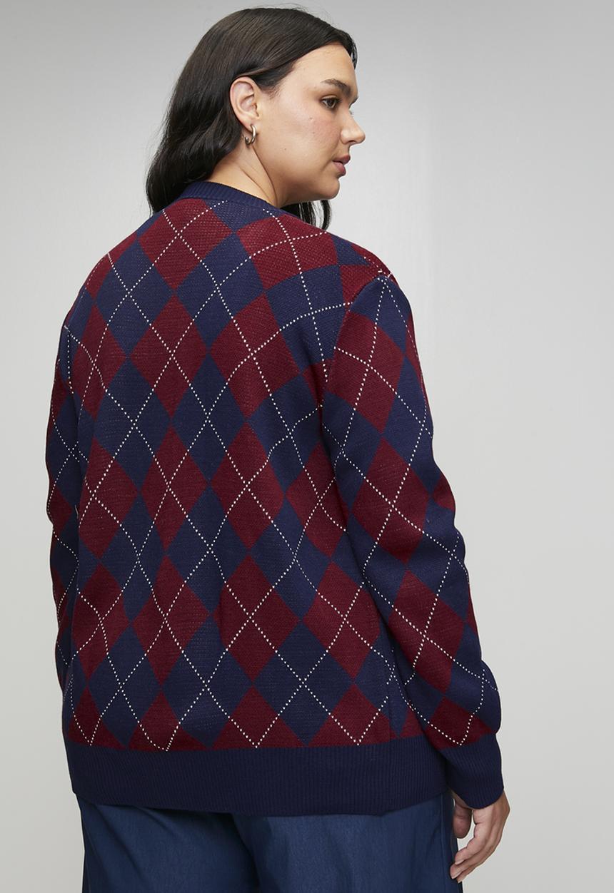 Trendyol - Diamond Patterned V-Neck Knitwear Cardigan - Navy Blue & Burgundy