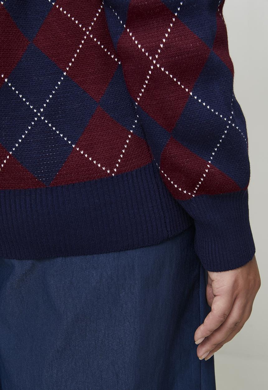Trendyol - Diamond Patterned V-Neck Knitwear Cardigan - Navy Blue & Burgundy