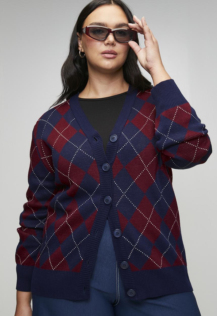 Trendyol - Diamond Patterned V-Neck Knitwear Cardigan - Navy Blue & Burgundy