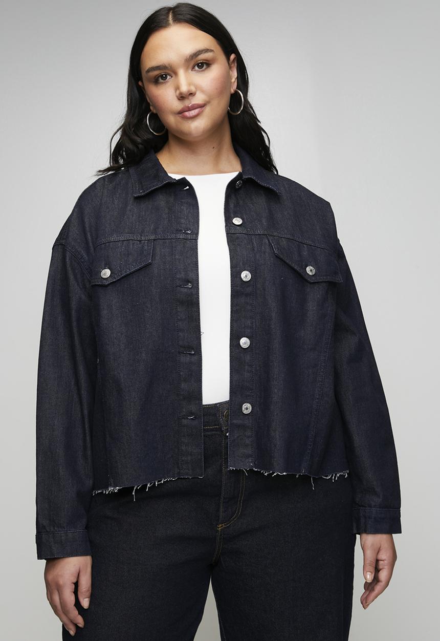 Trendyol - Oversize Loose Fit Cropped Denim Plus Size Jacket - Dark Blue