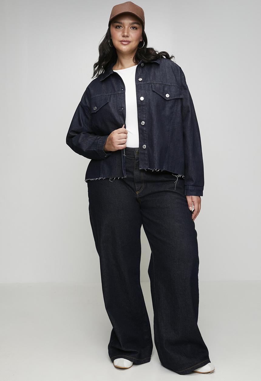 Plus Oversize Loose Fit Cropped Denim Jacket - Dark Blue