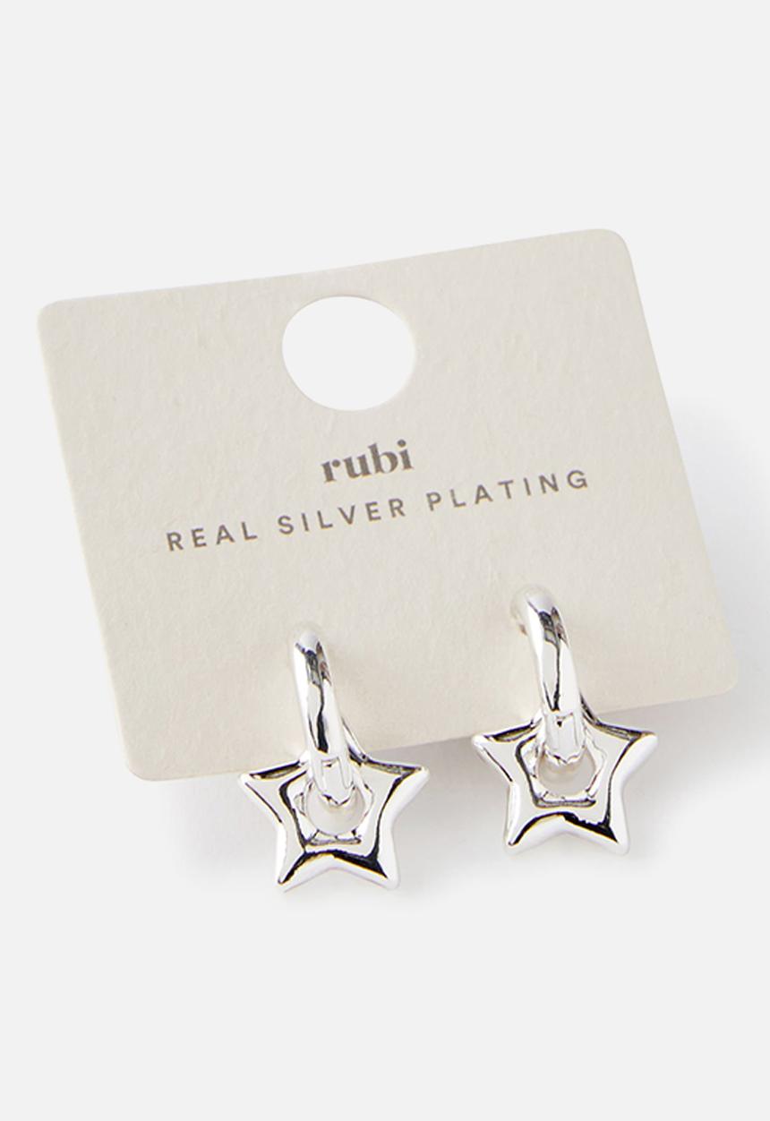 Rubi - Huggie chubby star hoop earring - silver plated