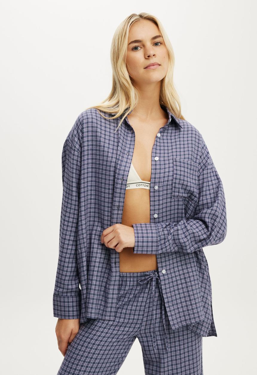Cotton On - Cosy soft flannel oversized shirt - lucy check steely blue
