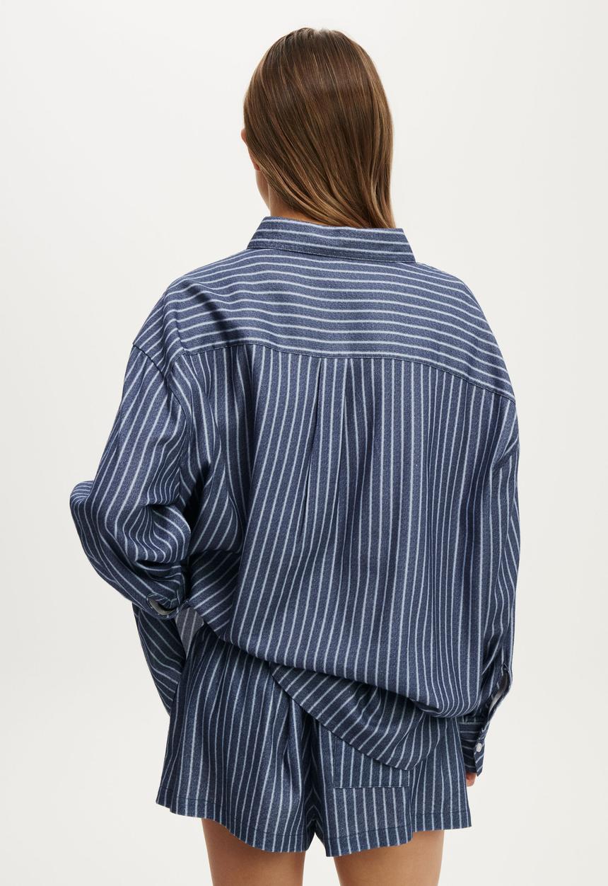 Cotton On - Cosy soft flannel oversized shirt - gerry stripe steely blue