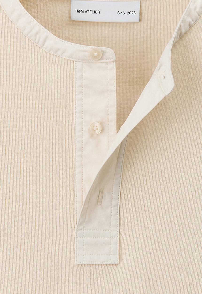 H&M - H&M Atelier: Loose fit linen-blend henley top - light beige