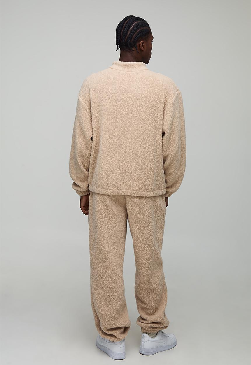 boohooMAN - Oversized Boxy Borg Panel Slogan Quarter Zip Funnel Sweatshirt - Sand