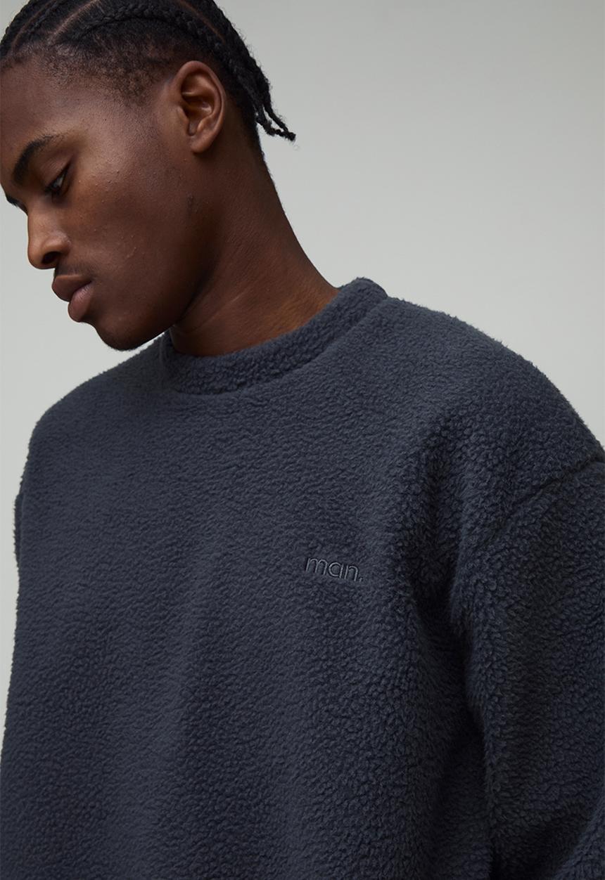 boohooMAN - Oversized Boxy Borg MAN. Embroidered Sweatshirt - Charcoal