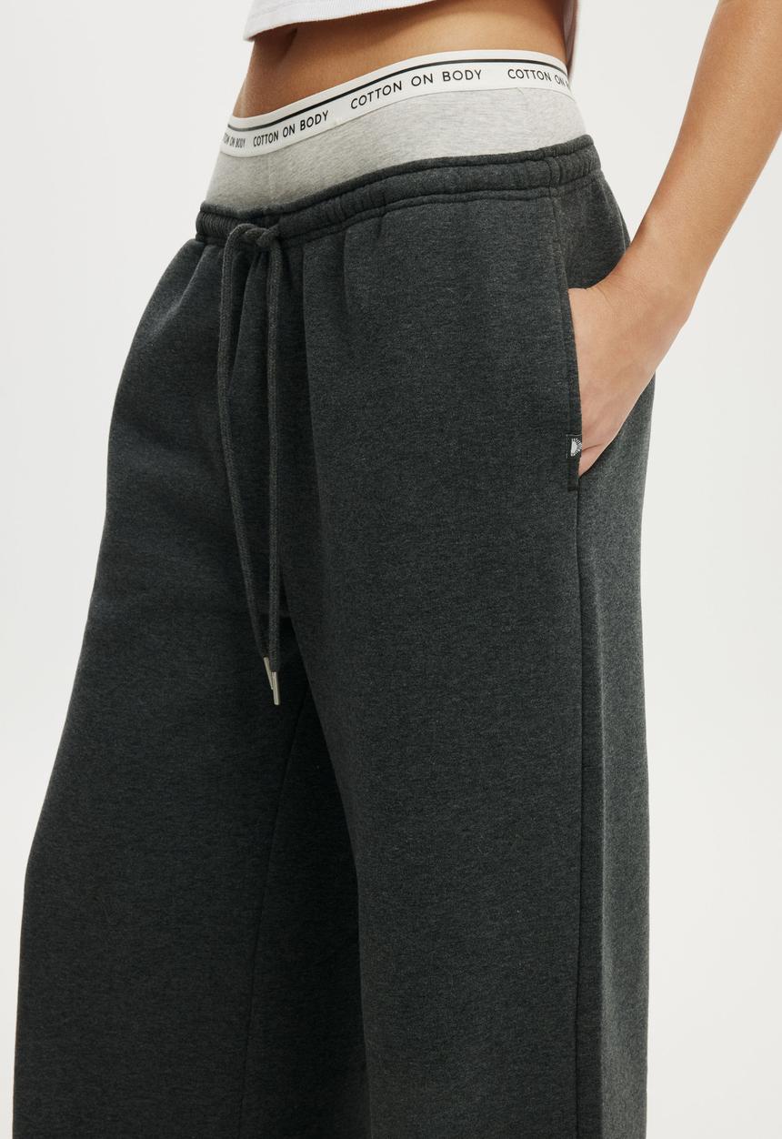 Cotton On - Plush Tie Waist Wide Leg Sweatpant - Dark Grey Marle