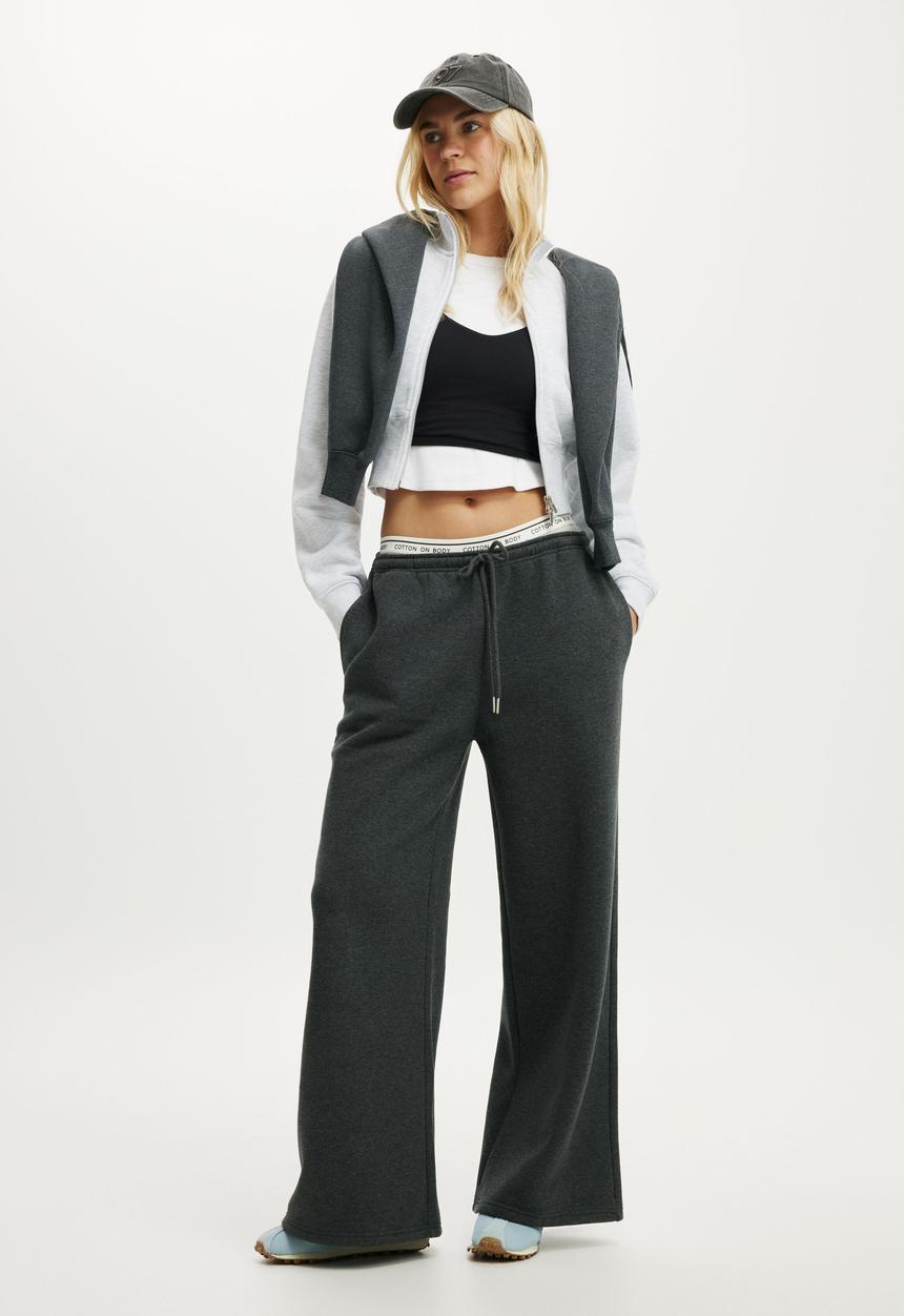 Cotton On - Plush Tie Waist Wide Leg Sweatpant - Dark Grey Marle
