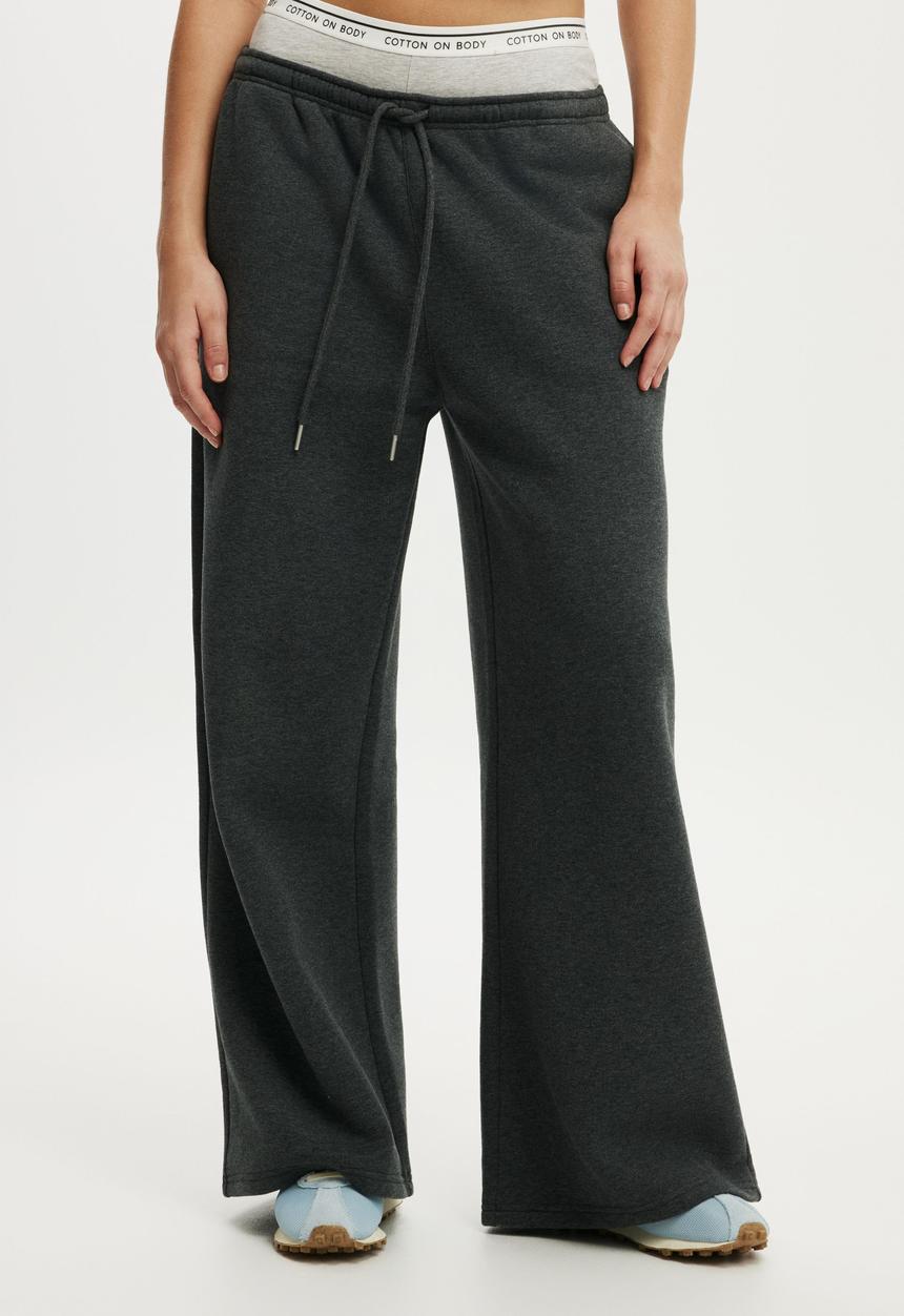 Cotton On - Plush Tie Waist Wide Leg Sweatpant - Dark Grey Marle