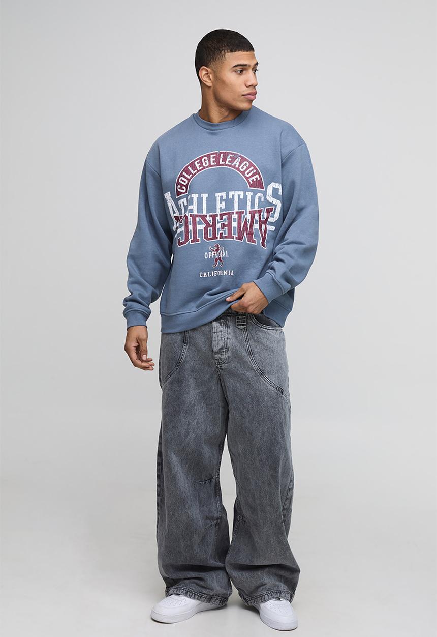 boohooMAN - Oversized Washed Varsity Graphic Sweatshirt - slate blue