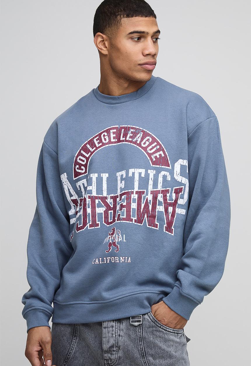 boohooMAN - Oversized Washed Varsity Graphic Sweatshirt - slate blue