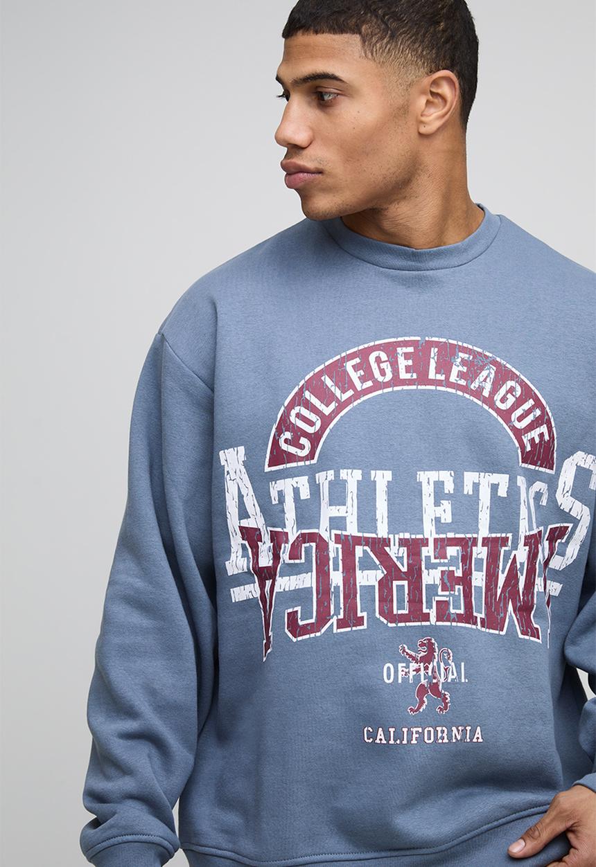 boohooMAN - Oversized Washed Varsity Graphic Sweatshirt - slate blue