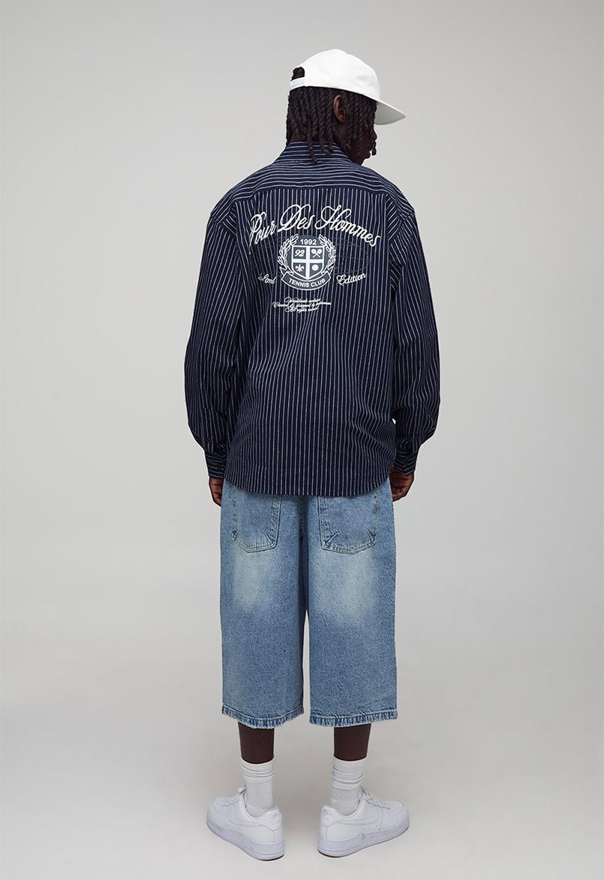 boohooMAN - Oversized Long Sleeve Embroidered Stripe Shirt - Navy
