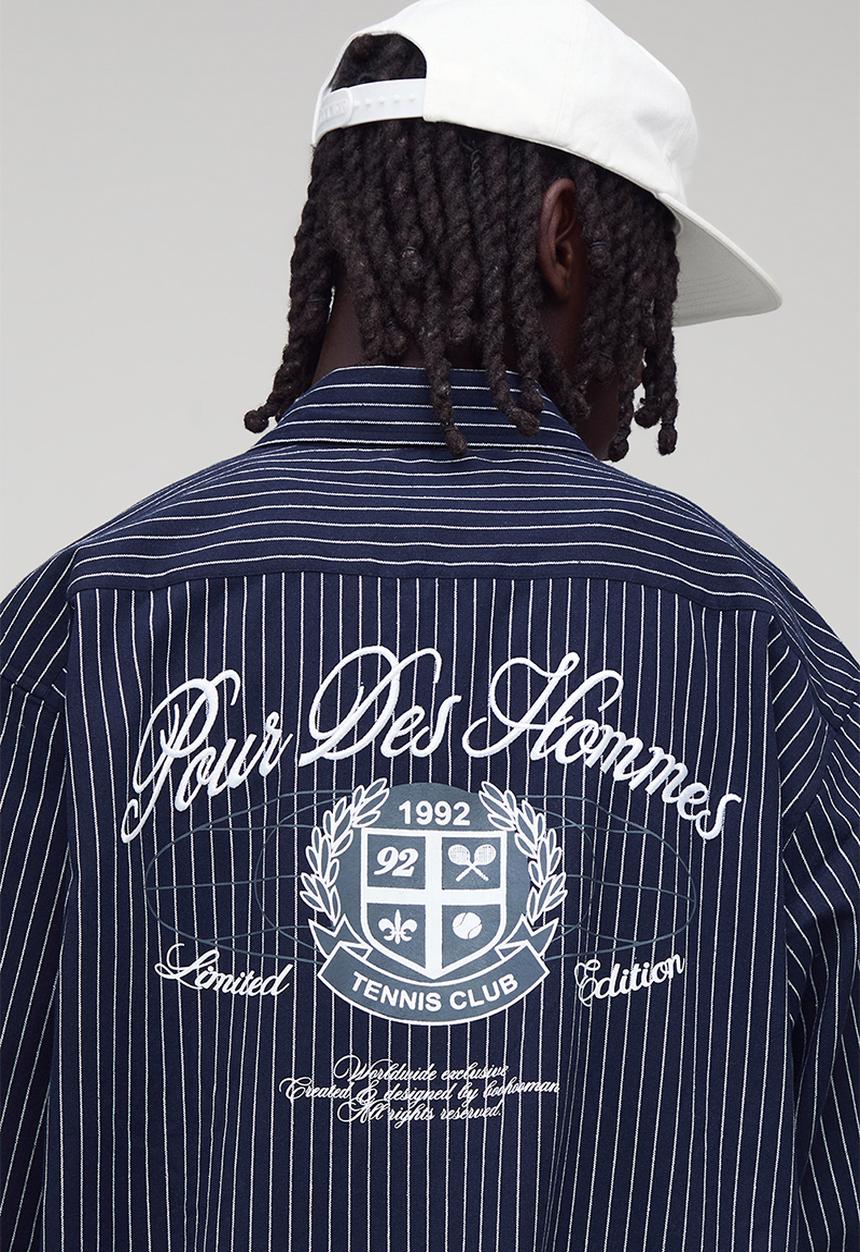 boohooMAN - Oversized Long Sleeve Embroidered Stripe Shirt - Navy