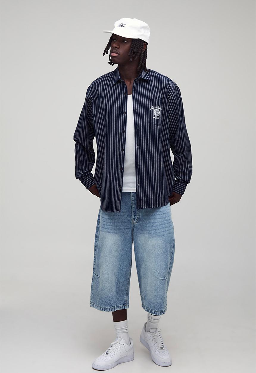 Oversized Long Sleeve Embroidered Stripe Shirt-Navy