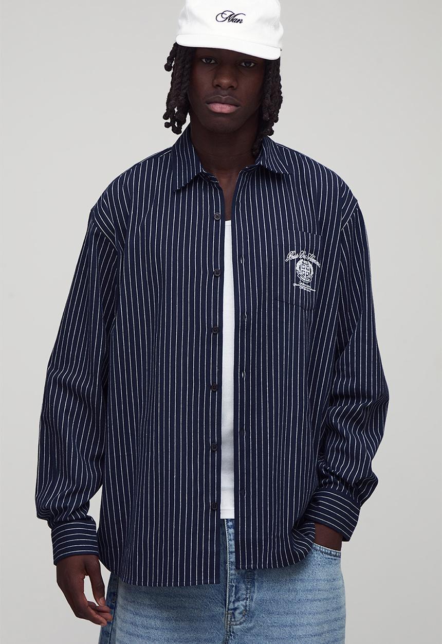 Oversized Long Sleeve Embroidered Stripe Shirt-Navy
