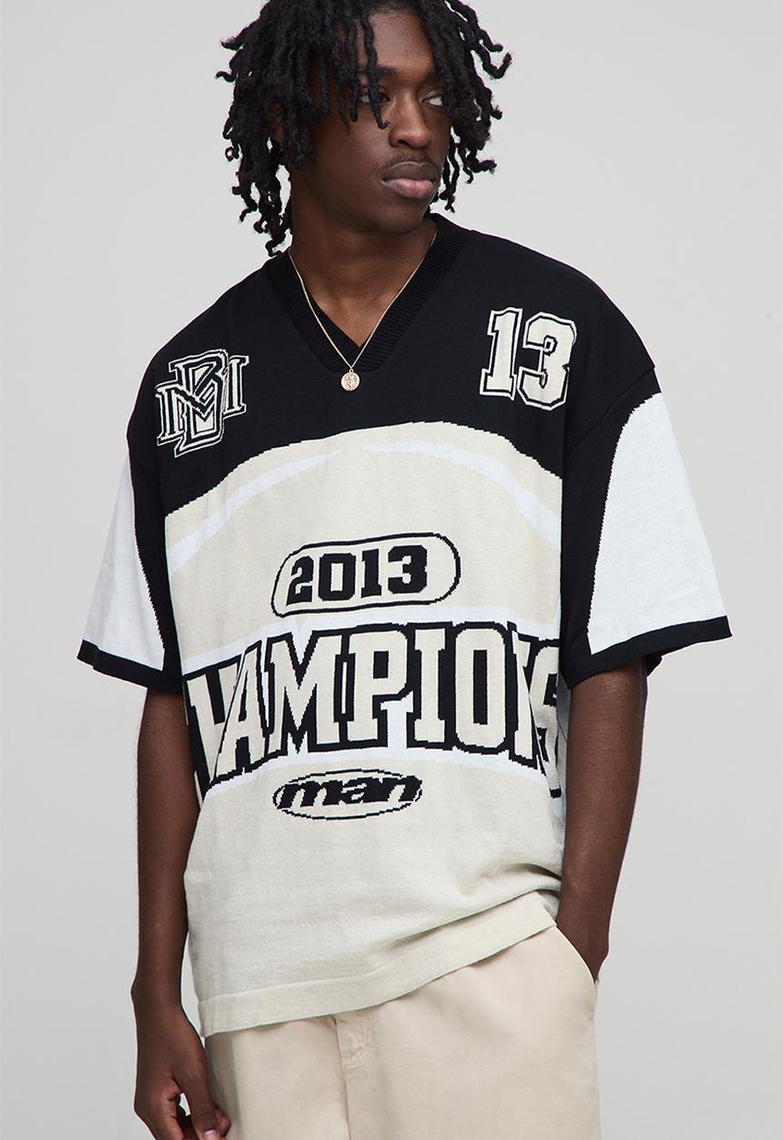 boohooMAN - Man Varsity Jacquard Knitted Hockey Sports Top - White