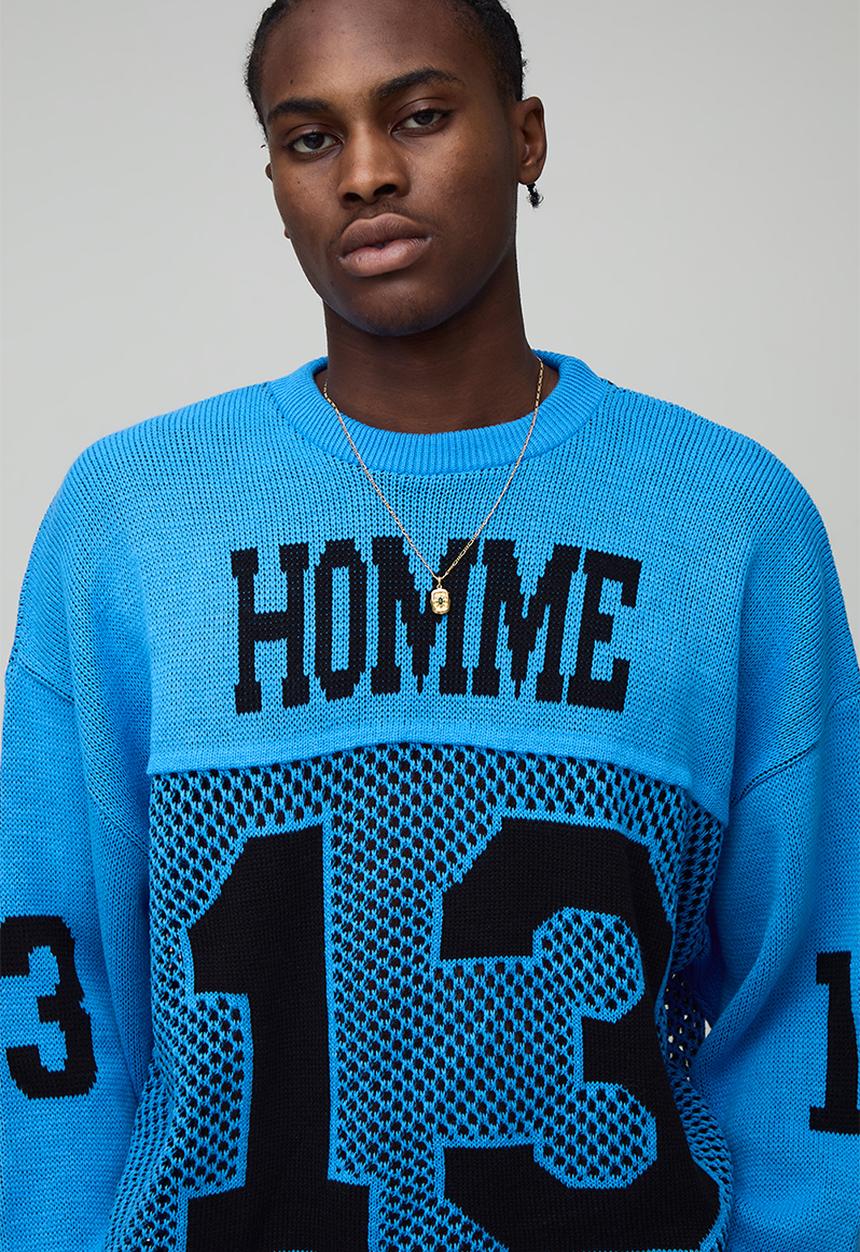 boohooMAN - Varsity Jacquard Open Stitch Knitted Hockey Sports Top - Blue