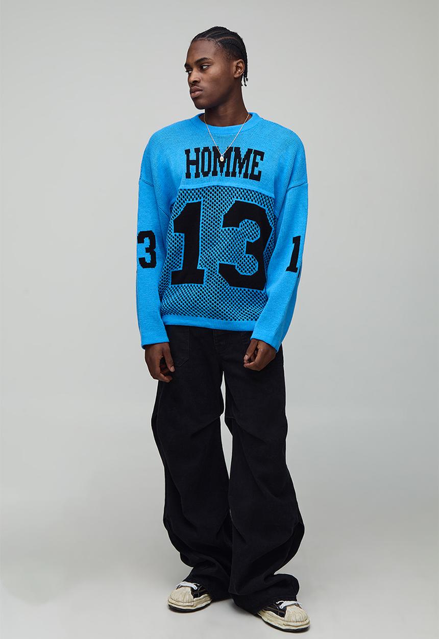 boohooMAN - Varsity Jacquard Open Stitch Knitted Hockey Sports Top - Blue