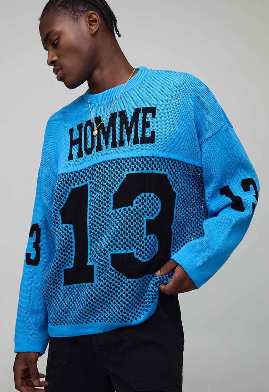 boohooMAN - Varsity Jacquard Open Stitch Knitted Hockey Sports Top - Blue