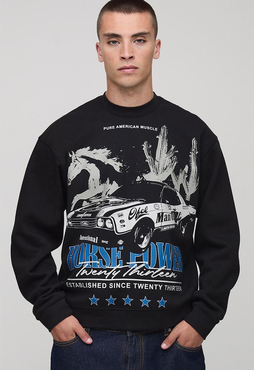 boohooMAN - Black Oversized Boxy Extended Neck Horse Printed Sweatshirt - Black