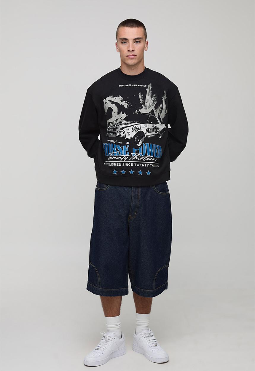 boohooMAN - Black Oversized Boxy Extended Neck Horse Printed Sweatshirt - Black