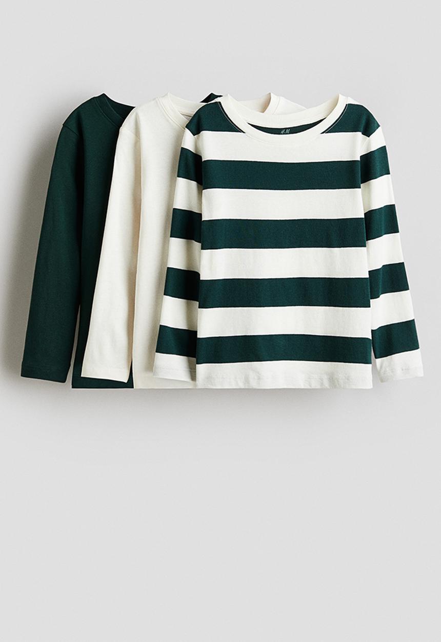H&M - 3-Pack long-sleeved T-shirts - dark green striped