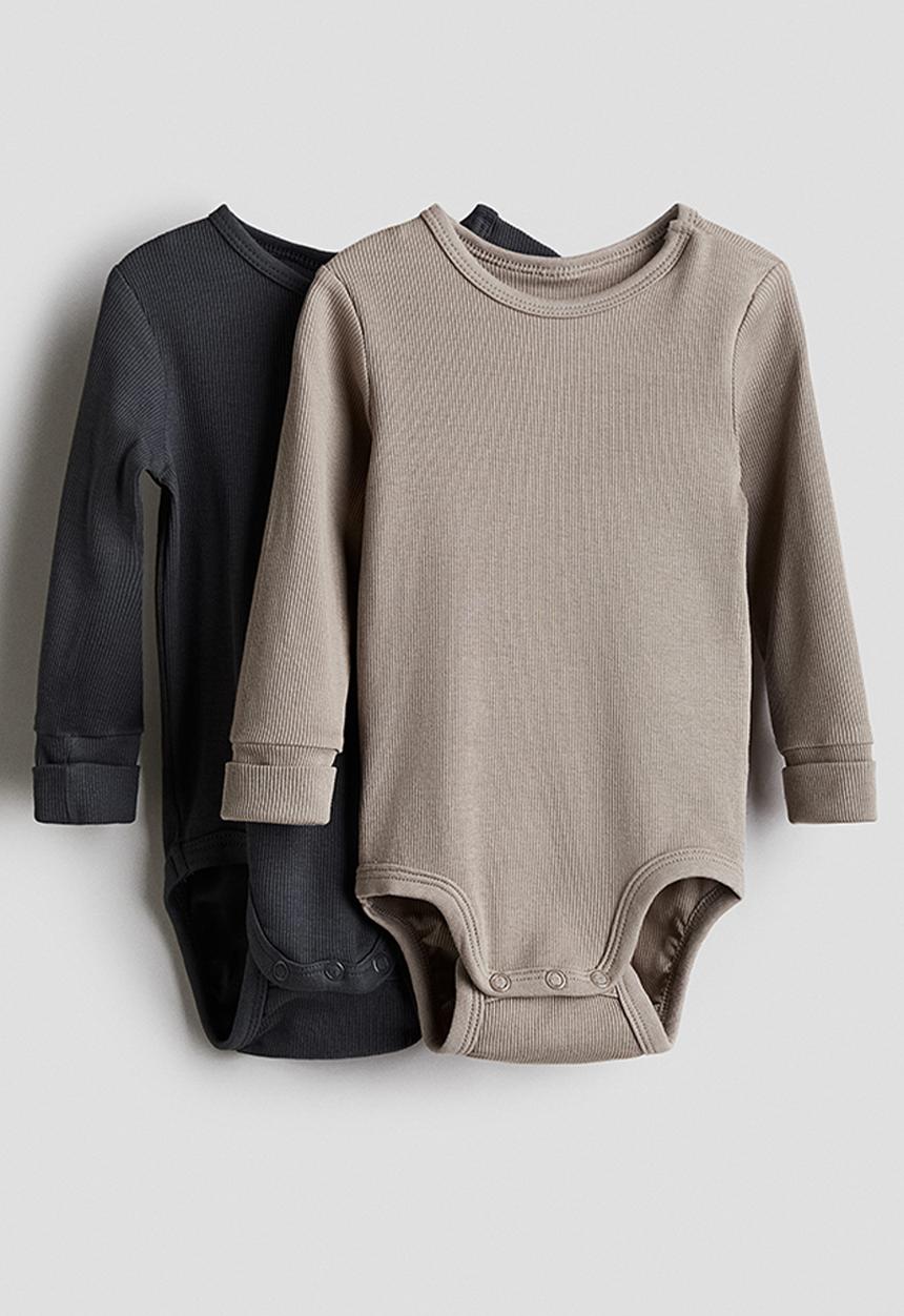 H&M - 2-pack adjustable-fit long-sleeved bodysuits - dark grey/beige