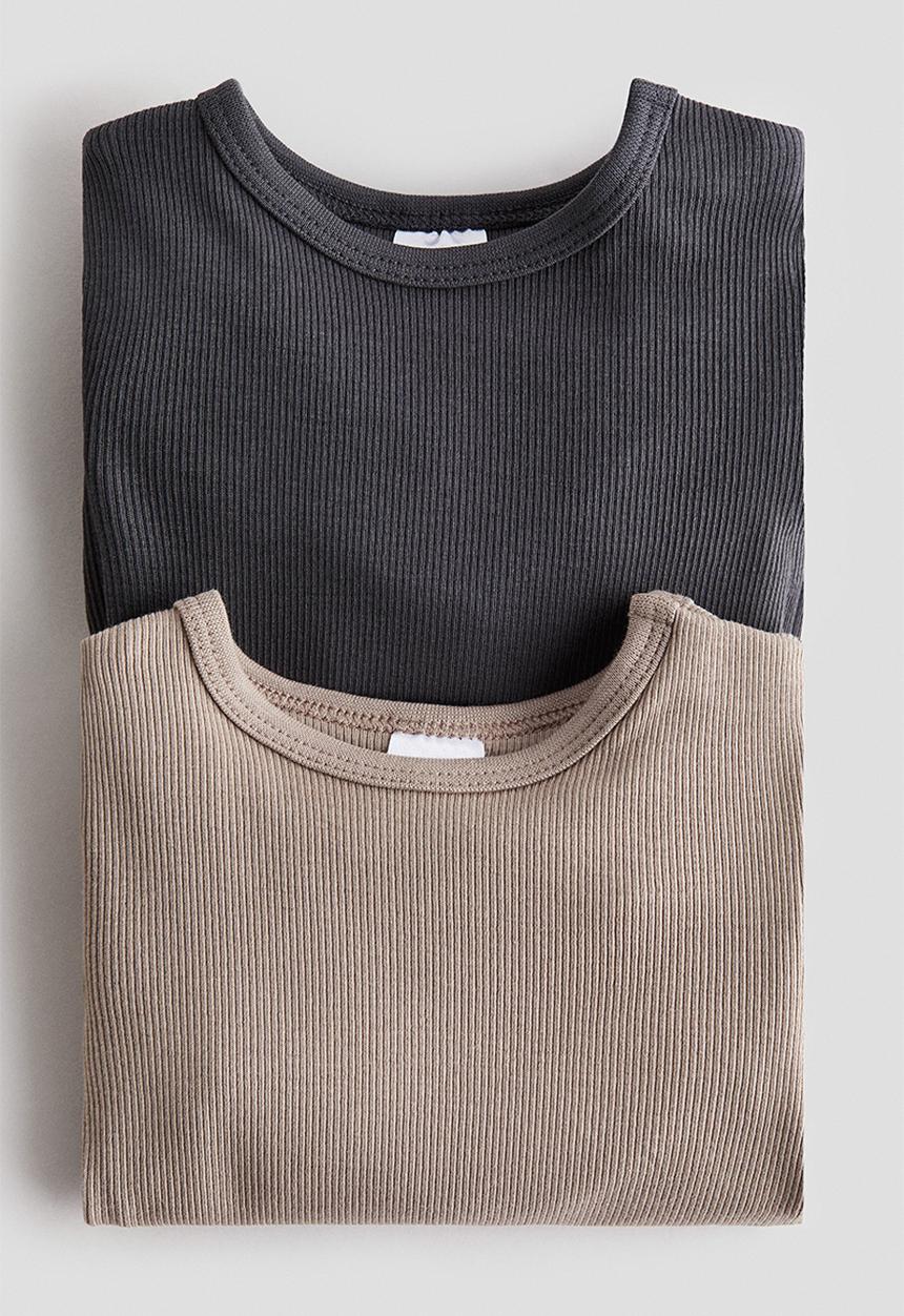 H&M - 2-pack adjustable-fit long-sleeved bodysuits - dark grey/beige