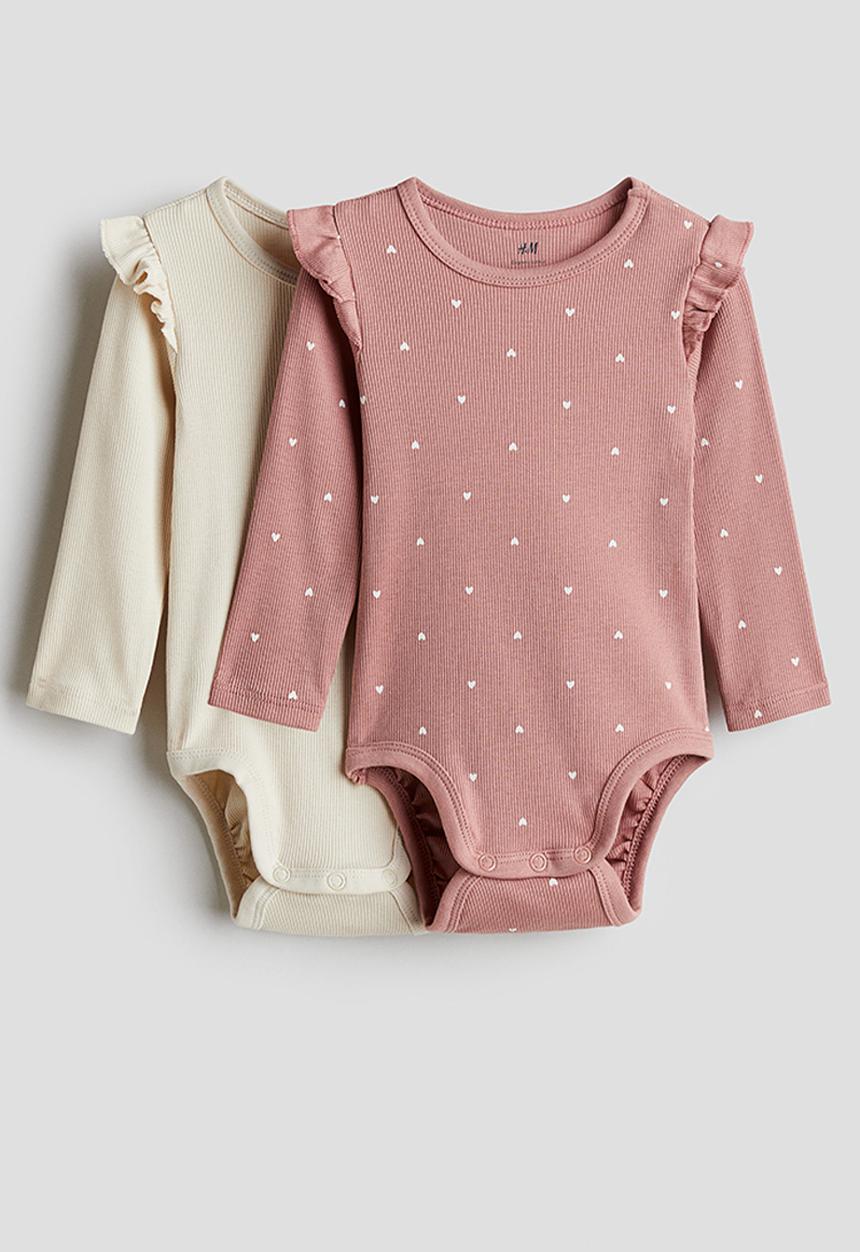 H&M - 2-Pack long-sleeved bodysuits - dusty pink hearts
